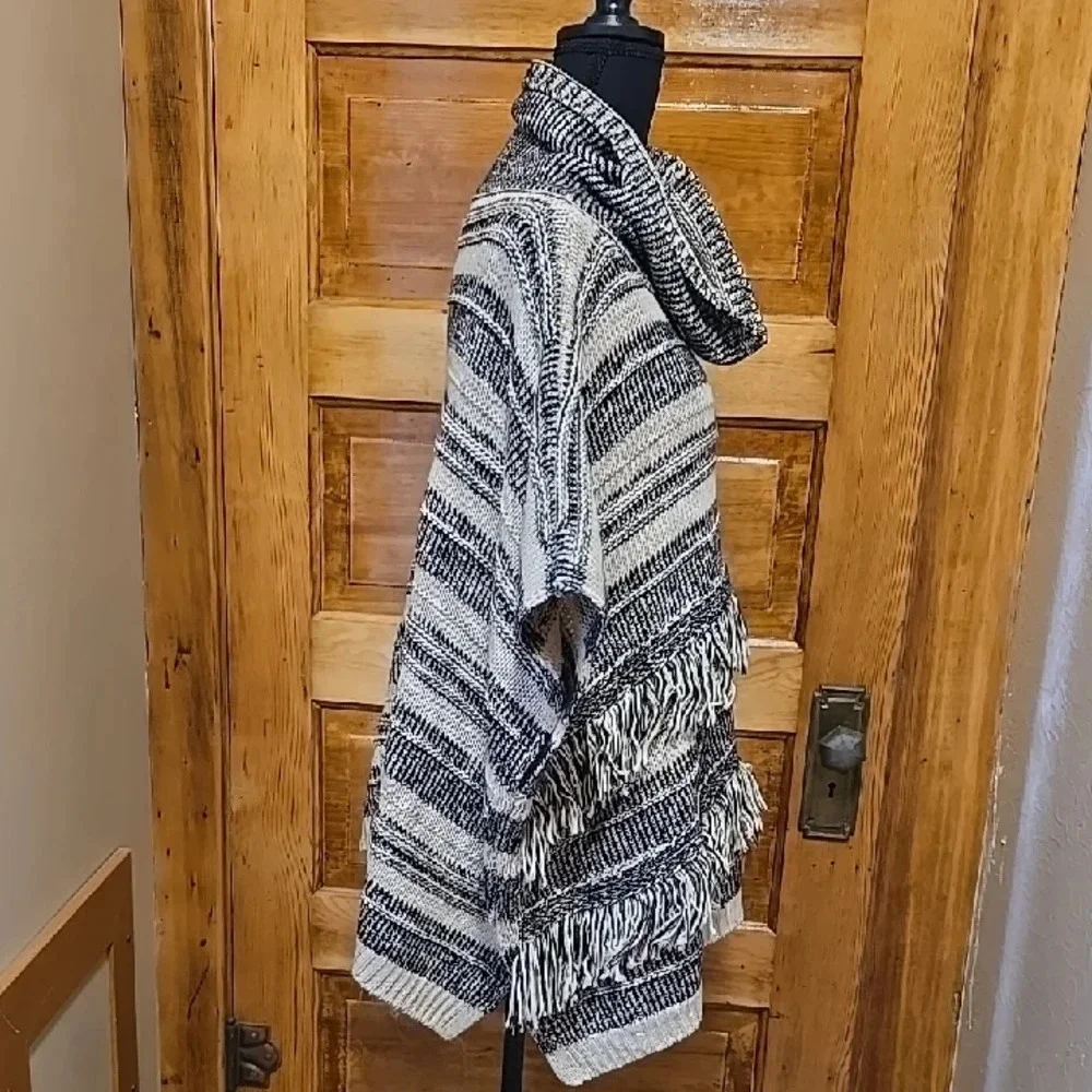 Linda Anderson Chic Boho  Cowl Neck Striped Black and White Fringe Poncho OS